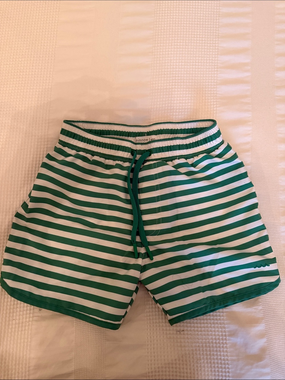 Kids Green & White Stripe Swim Trunks - ninnow
